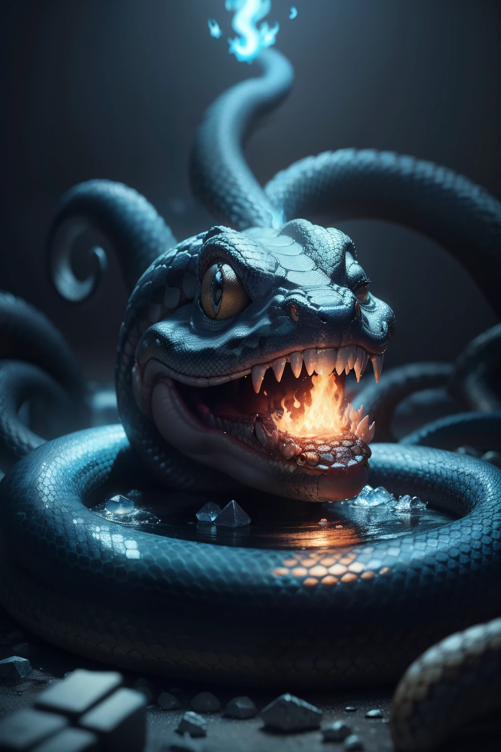 There was a flame,A snake crawled out of it, biting ice cubes in its mouth,Its body is surrounded by blue hail, ultra realistic 3d illustration, 3D digital art 4K, cinema 4 d art,The style is biased towards 80s vintage illustrations ,hiphop ,American illustration