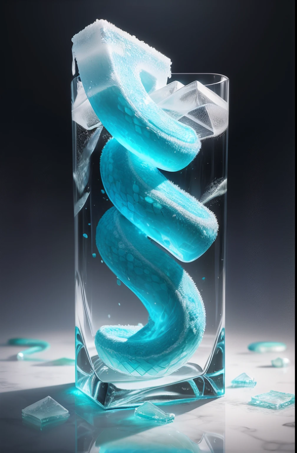 There is a glass,There is a blue substance in it, 3 d fluid simulation render, full of glass. CGSesociety, trend on behance 3d art, trend on behance 3 d art, smooth 3 d illustration, Smooth 3D illustration, soft 3d render, ultra realistic 3d illustration, liquid sculpture, 3D digital art 4K, cinema 4 d art,The whole snake bites into ice cubes in its mouth,