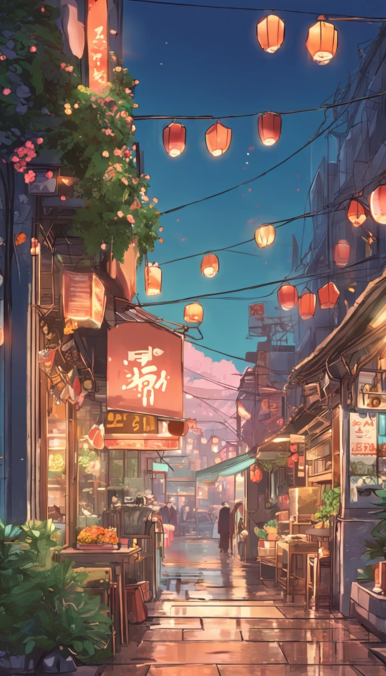City flower shop, potted plants, flower, rainny night,water reflection puddle,oriental design, hanging lights , digital painting, sunset,wind up,concept art, illustration, intricate, many people, hanging lights, happy, beautiful colorful light, flower, plants ((tileset)) Anime - City street style scene, a woman waiting in front of a store, anime background art, detailed scenery - width 672, anime landscape concept art, anime style cityscape, Studio Ghibli anime style, Studio Ghibli art style, Studio Ghibli program, anime landscape, Studio Ghibli art style, Landscape artwork, Beautiful anime landscape, Forest city street, Ghibli art style, cake shop, cake shop, bakery cake shop, Makoto Shinkai style, Makoto Shinkai anime, Shinkai Makoto art style
