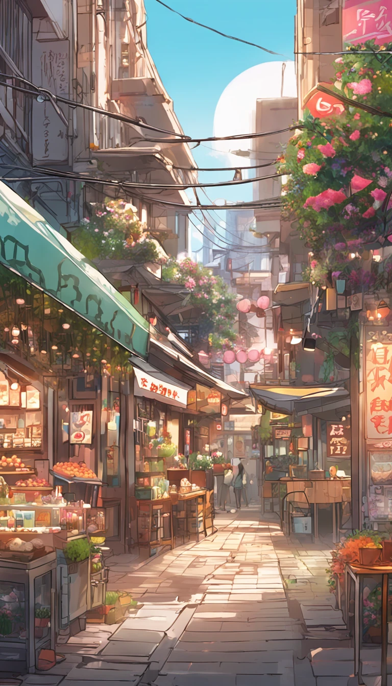 City flower shop, potted plants, flower, rainny night,water reflection puddle,oriental design, hanging lights , digital painting, sunset,wind up,concept art, illustration, intricate, many people, hanging lights, happy, beautiful colorful light, flower, plants ((tileset)) Anime - City street style scene, a woman waiting in front of a store, anime background art, detailed scenery - width 672, anime landscape concept art, anime style cityscape, Studio Ghibli anime style, Studio Ghibli art style, Studio Ghibli program, anime landscape, Studio Ghibli art style, Landscape artwork, Beautiful anime landscape, Forest city street, Ghibli art style, cake shop, cake shop, bakery cake shop, Makoto Shinkai style, Makoto Shinkai anime, Shinkai Makoto art style