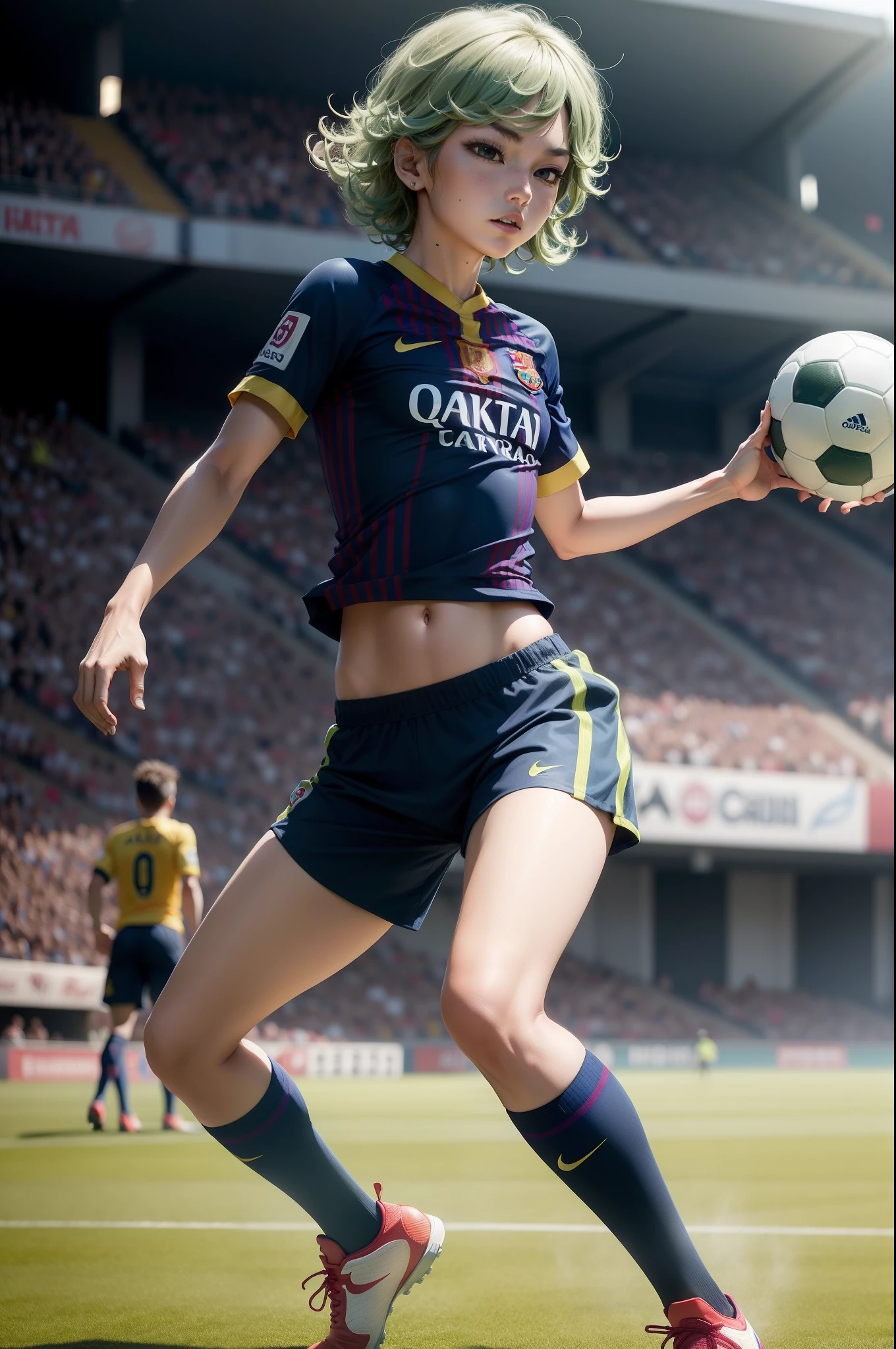 Tatsumaki, playing soccer, on a football stage, vistiendo una camiseta del FC Barcelona, vistiendo pantalones cortos del FC Barcelona