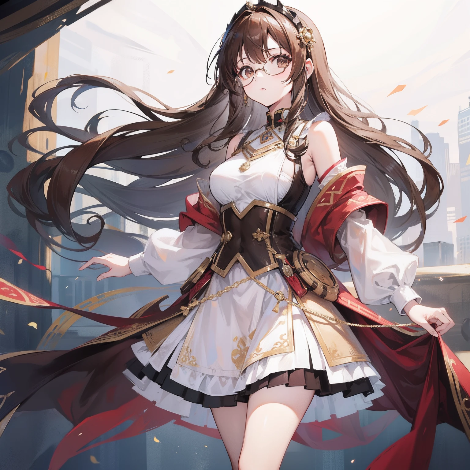 Long brown hair，Brown hip skirt，Imperial sister with glasses