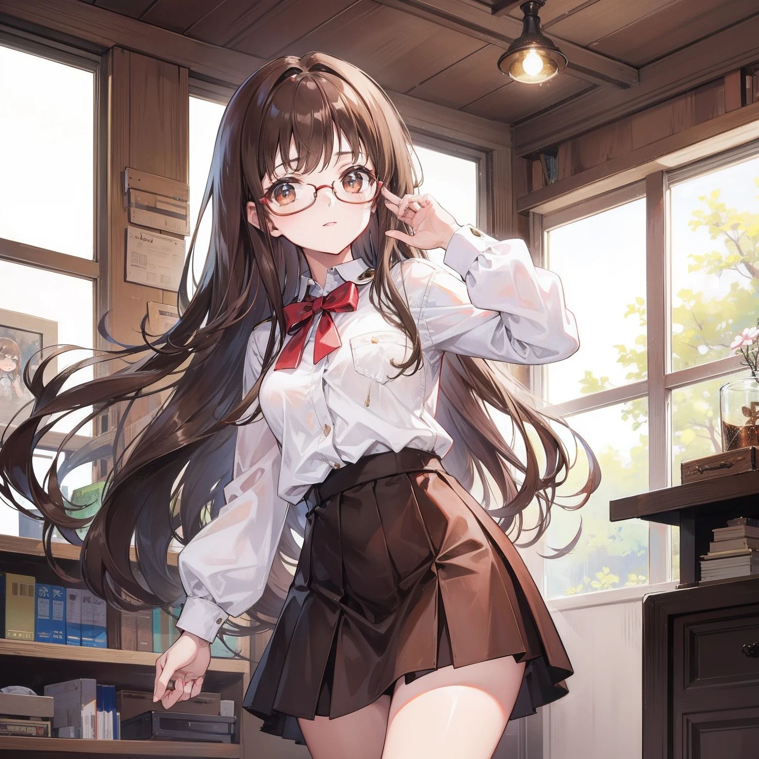 Long brown hair，Brown hip skirt，Imperial sister with glasses