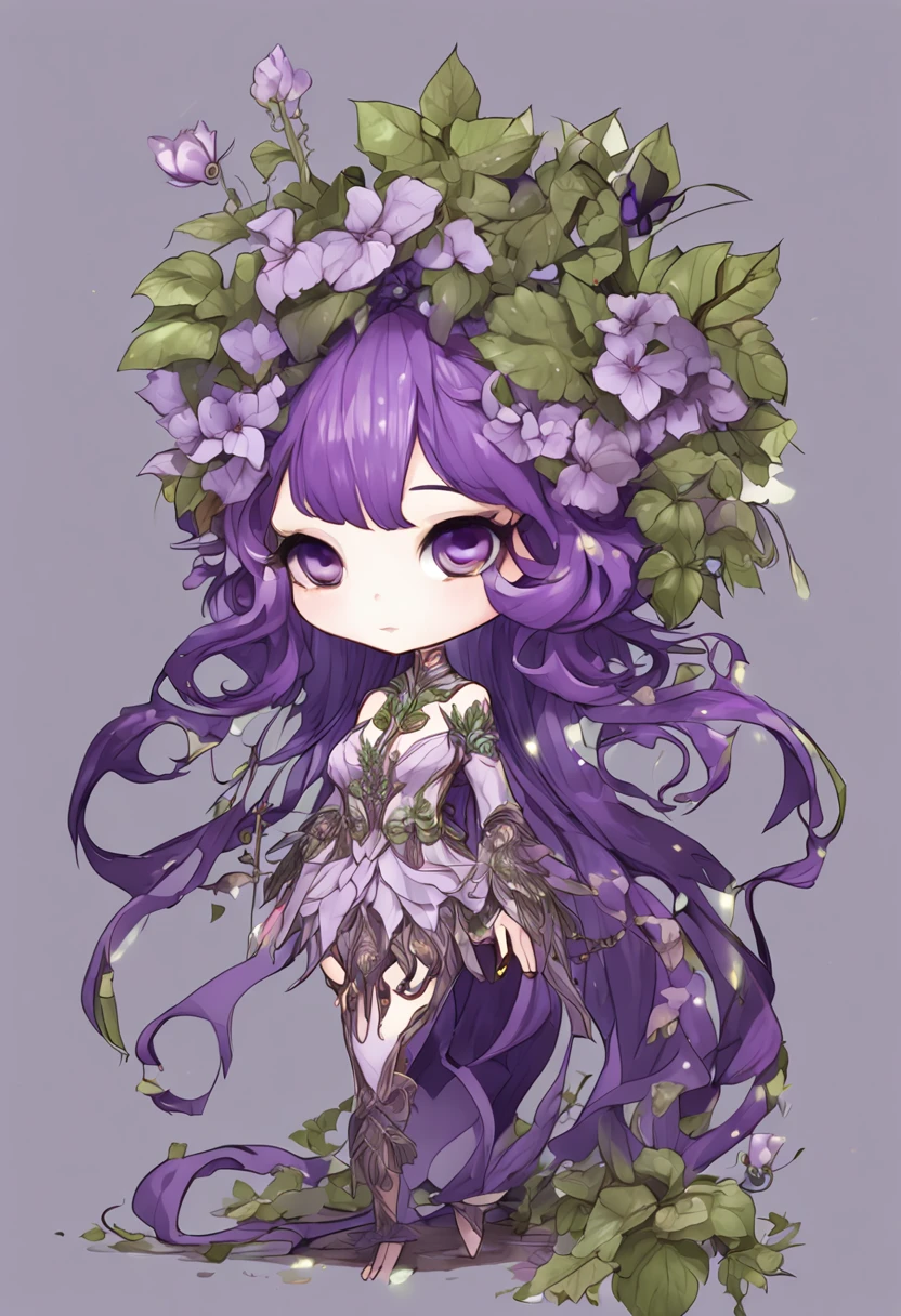 best quality,ultra detailed,chibi,full-body,white background,plant anthropomorphic girl,kawaii,Deadly Nightshade,detailed face,beautiful detailed eyes,pupils sparkling eyes,shiny wavy hair,purple hair,purple flower,purple flower hair ornament,dress decorated with leaves,leaf wings,vine whip,white background,full-body,