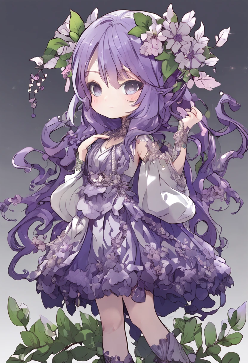 best quality,ultra detailed,chibi,full-body,white background,plant anthropomorphic girl,kawaii,Deadly Nightshade,detailed face,beautiful detailed eyes,pupils sparkling eyes,shiny wavy hair,purple hair,purple flower,purple flower hair ornament,dress decorated with leaves,leaf wings,vine whip,white background,full-body,