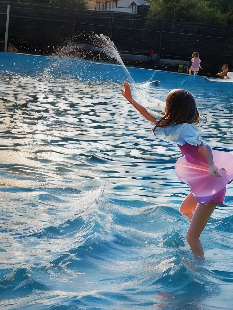 (8K TopQuality masterpiece: 1.2)(Realistic ProfessionalPhoto:1.37), VolumetricLighting. Tiny Girls, girl jumping into the water、Falling、splash water、shout、Luminous water surface、White and Bright colors, back lighting, Radiant PearlSkin, sparkling highlights, Detailed KAWAII face with cute lips, long eyelashes, Delicate clothes, Detailed open crotch, MotionBlur, Dynamic Joyful Expressions LifeLike Rendering, Full of Water Everything Wetted, (not Detailed hand:-1)