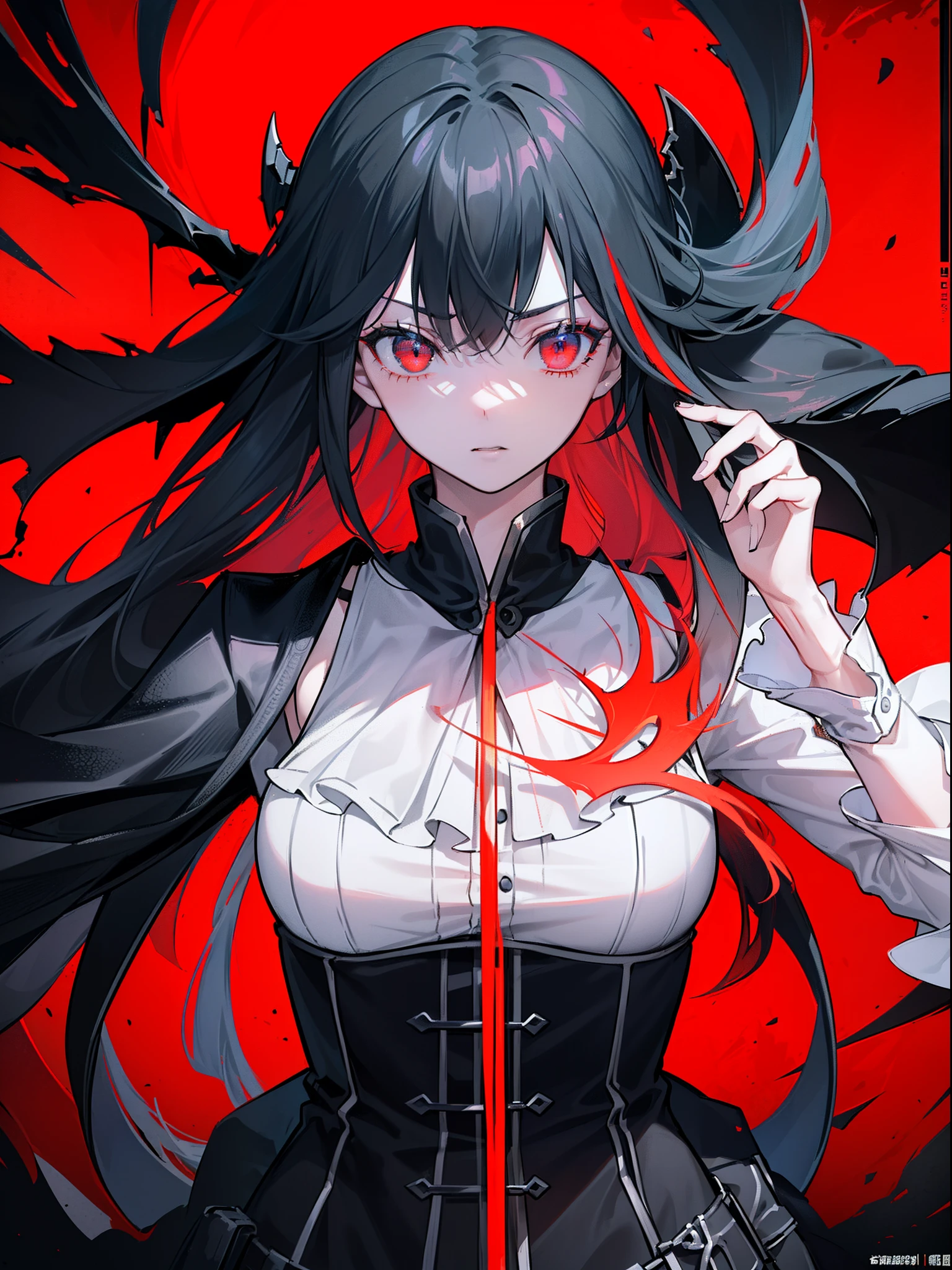 Demon girl with horns on head,bloody,Messy black hair, wearing an eye patch, evil facial expression,horrifying atmospheric background,violent,dynamic pose, Hand holding a large axe