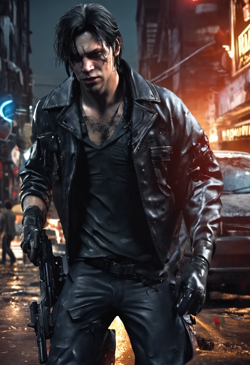 personnage Leon resident evil, avec manteau en cuir noir, ripped jeans, march armed, with black hair scattered and wet, ((corps entier)),((visage parfait)), Dark place in downtown Raccon City of Night destroyed with zombies in the background, Social realism, realism, Ray Tracing, reflection light, High quality, High Details, super detail, 8k, 16k, Best quality --auto --s2