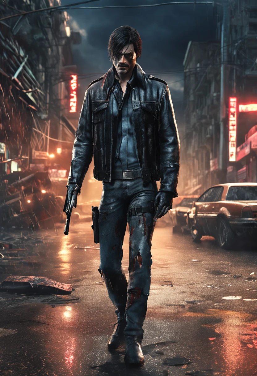 personnage Leon resident evil, avec manteau en cuir noir, ripped jeans, march armed, with black hair scattered and wet, ((corps entier)),((visage parfait)), Dark place in downtown Raccon City of Night destroyed with zombies in the background, Social realism, realism, Ray Tracing, reflection light, High quality, High Details, super detail, 8k, 16k, Best quality --auto --s2