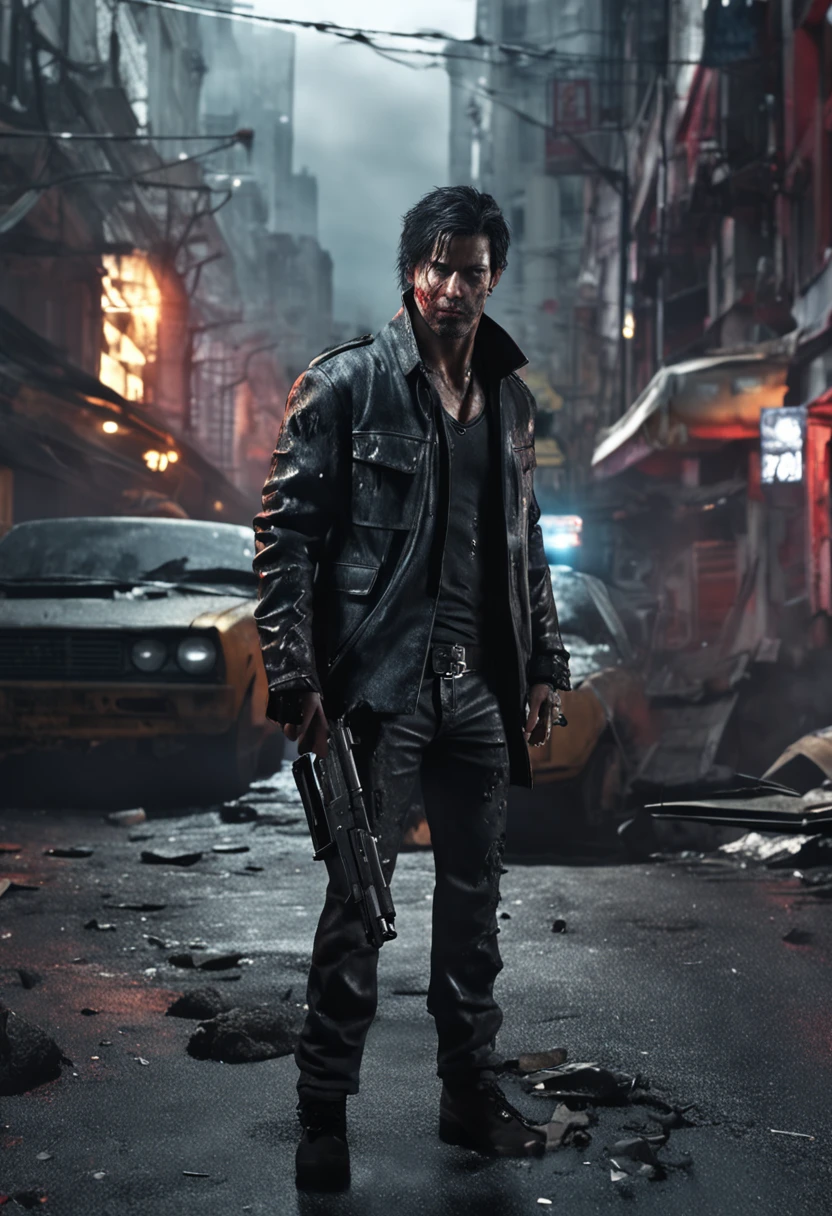 personnage Leon resident evil, avec manteau en cuir noir, ripped jeans, march armed, with black hair scattered and wet, ((corps entier)),((visage parfait)), Dark place in downtown Raccon City of Night destroyed with zombies in the background, Social realism, realism, Ray Tracing, reflection light, High quality, High Details, super detail, 8k, 16k, Best quality --auto --s2