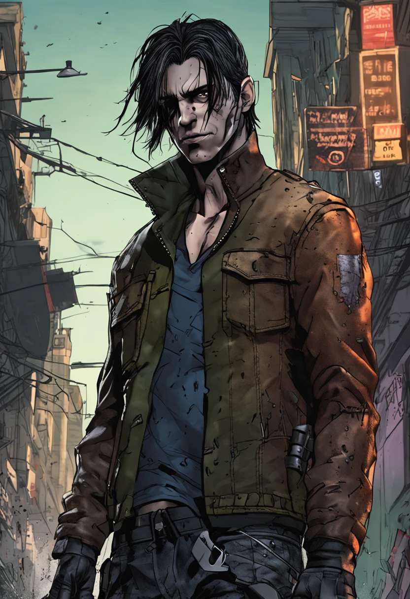 personnage Leon resident evil, avec manteau en cuir noir, ripped jeans, march armed, with black hair scattered and wet, ((corps entier)),((visage parfait)), Dark place in downtown Raccon City of Night destroyed with zombies in the background, Social realism, realism, Ray Tracing, reflection light, High quality, High Details, super detail, 8k, 16k, Best quality --auto --s2