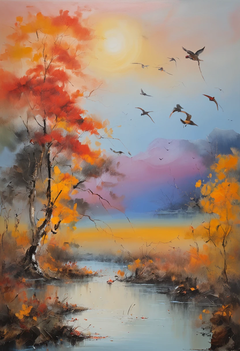 ((masterpiece)), ((best quality)), 8k, high detailed, ultra-detailed, evening light ,Simple colors,Chinese landscape painting style,one duck flying in the sunset,reflection, autumn, river, vast sky, merging, serene, harmonious, peaceful