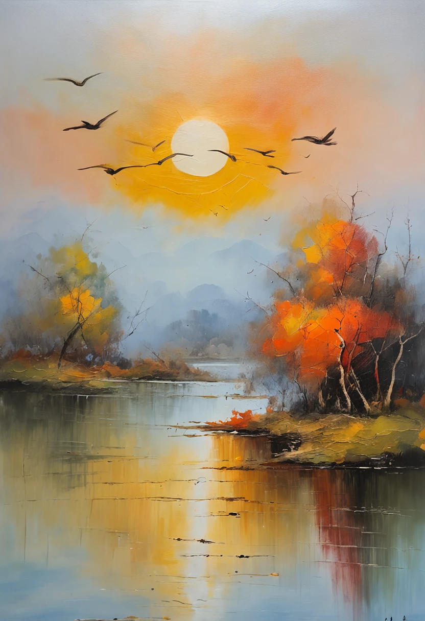 ((masterpiece)), ((best quality)), 8k, high detailed, ultra-detailed, evening light ，Simple colors，Chinese landscape painting style，one duck flying in the sunset，reflection, autumn, river, vast sky, merging, serene, harmonious, peaceful