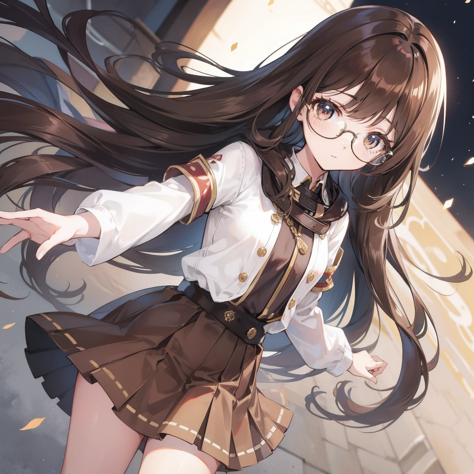Long brown hair,Brown hip skirt,Imperial sister with glasses