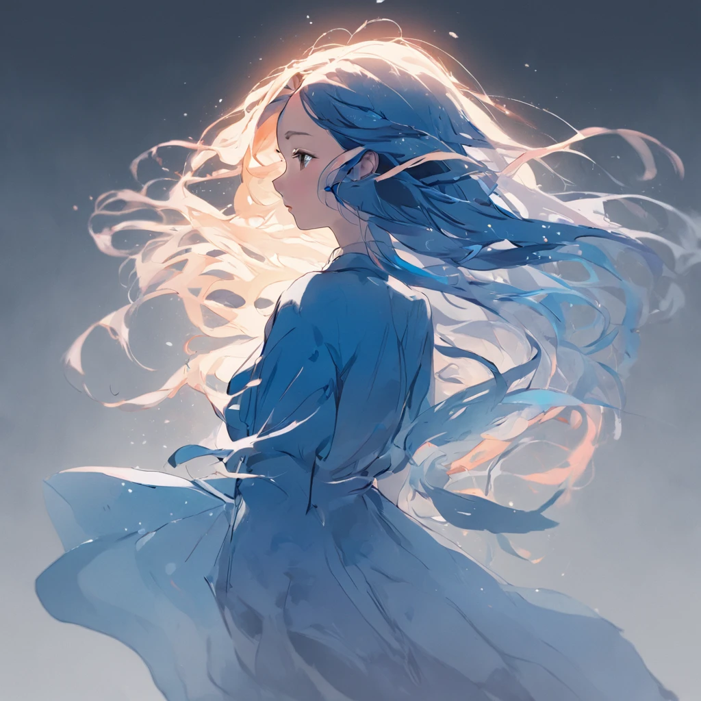 On White Background、The silhouette of a woman's hair flowing gracefully is projected.。She has her eyes closed.、Colorful long hair swaying in the wind creates a graceful movement.。The blue watercolor touch is delicately incorporated.、The picturesque texture adds a beautiful depth。This image is、The design is a perfect combination of Western elegant style and delicate touches.。Clear contours and high clarity、Highlights sophisticated details。The meticulous design、Capture the hearts of the viewers、The movie light effect projected in 4K resolution produces beautiful light.。