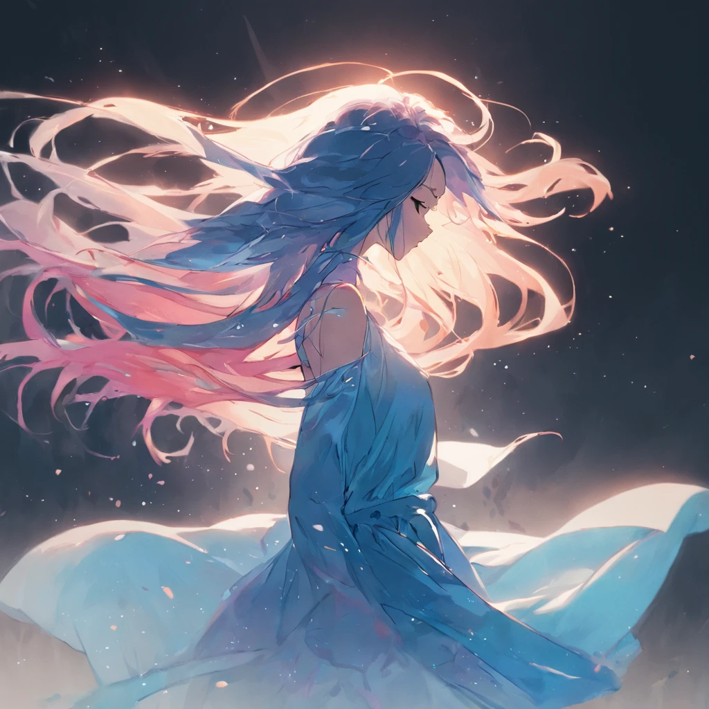 On White Background、The silhouette of a woman's hair flowing gracefully is projected.。She has her eyes closed.、Colorful long hair swaying in the wind creates a graceful movement.。The blue watercolor touch is delicately incorporated.、The picturesque texture adds a beautiful depth。This image is、The design is a perfect combination of Western elegant style and delicate touches.。Clear contours and high clarity、Highlights sophisticated details。The meticulous design、Capture the hearts of the viewers、The movie light effect projected in 4K resolution produces beautiful light.。