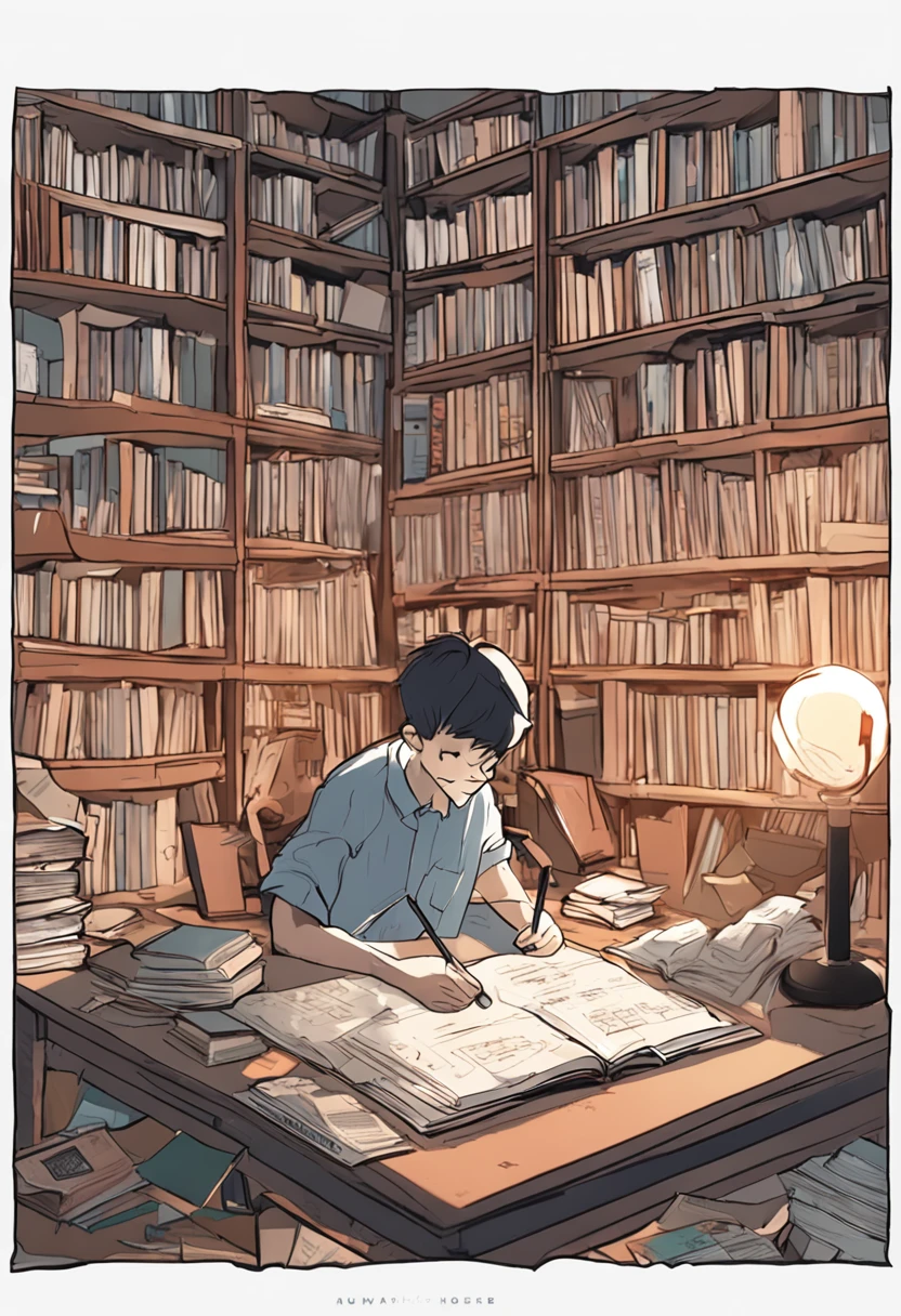 Prompt: "Create an artwork depicting a determined anime boy diligently studying to achieve his dreams. Show him surrounded by books, notes, and study materials, fully immersed in his studies. Capture the essence of his determination and focus as he overcomes challenges and progresses towards his goals. Incorporate elements of inspiration and motivation, such as a vision board or inspirational quotes, to emphasize the importance of perseverance and hard work. Let the artwork radiate a sense of hope and possibility, symbolizing the boy's journey towards success."
