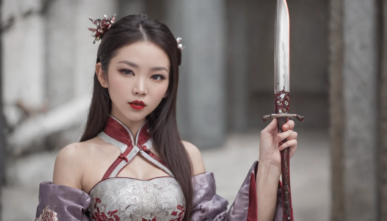 Full body of a Chinese girl，Holding a long purple demon knife，Girly red lips，Charming eyes，The chest reveals fullness，with fair skin，The butt reveals fullness