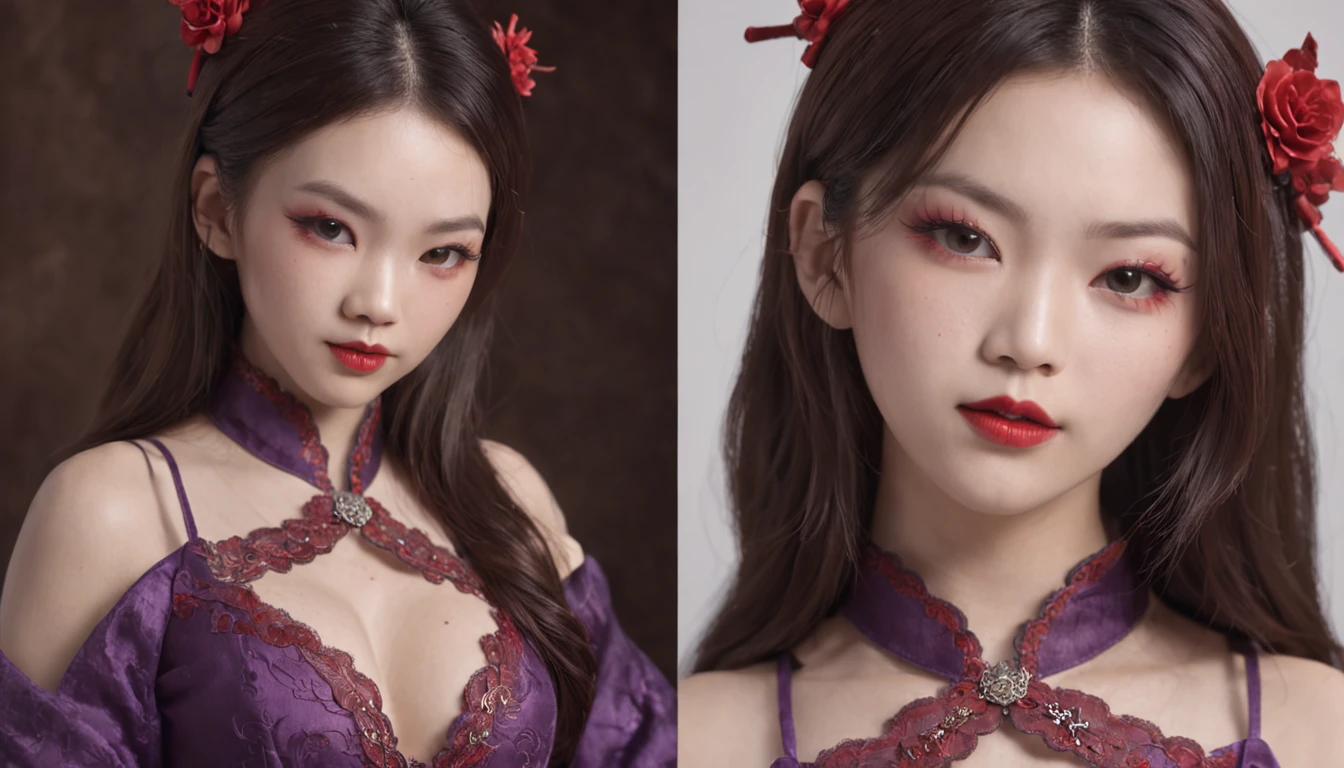 Full body of a Chinese girl,Holding a long purple demon knife,Girly red lips,Charming eyes,The chest reveals fullness,with fair skin,The butt reveals fullness