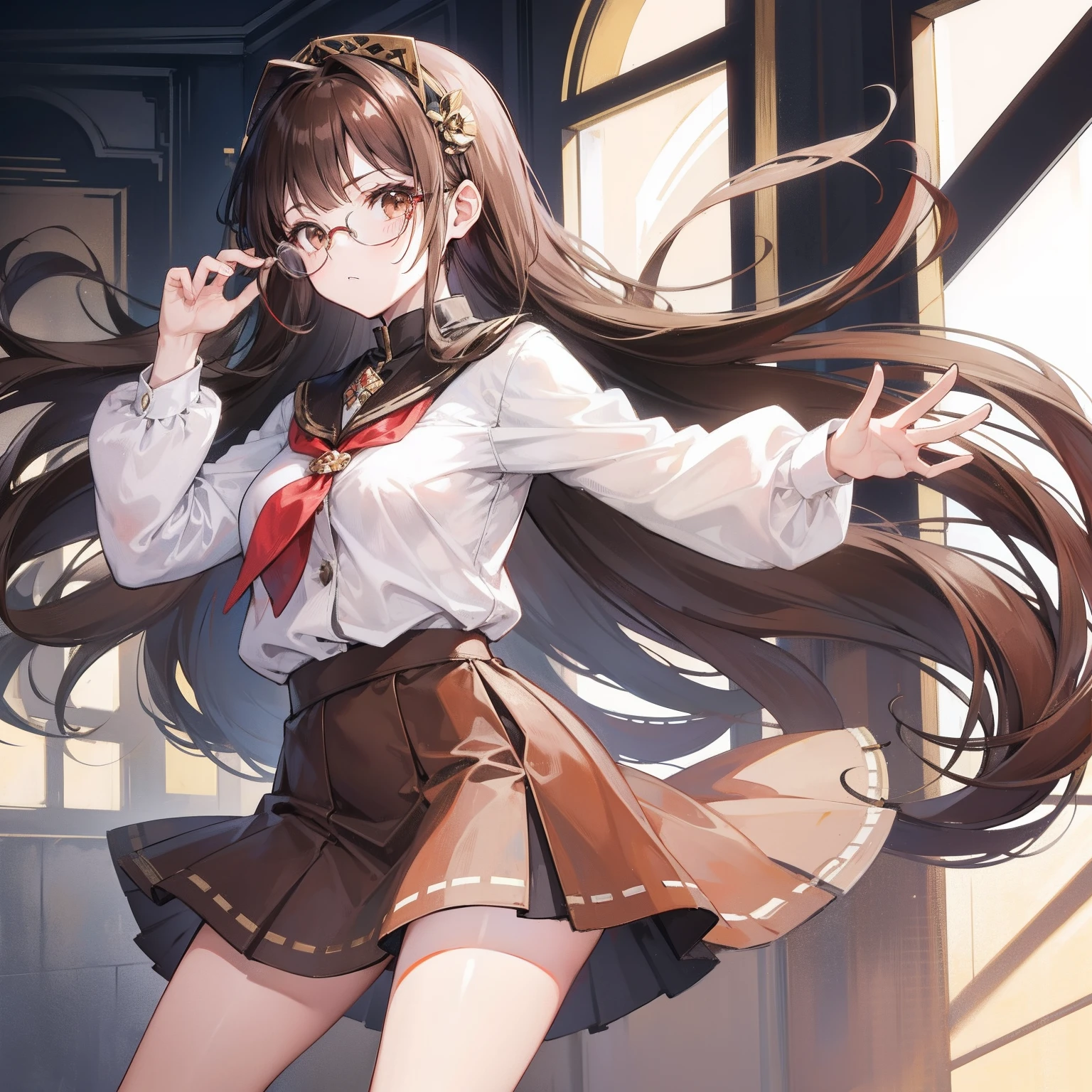 Long brown hair，Brown hip skirt，Imperial sister with glasses
