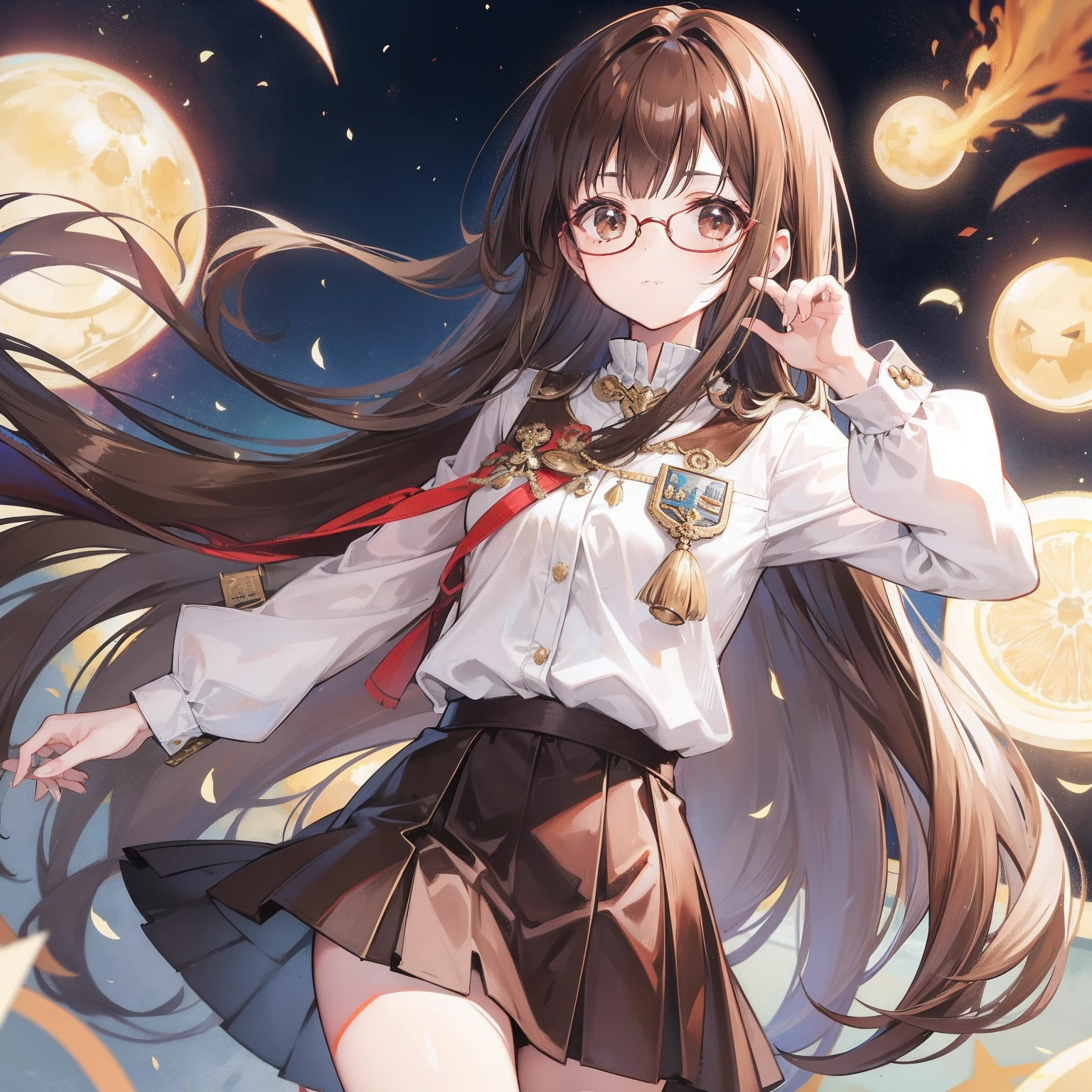 Long brown hair,Brown hip skirt,Imperial sister with glasses