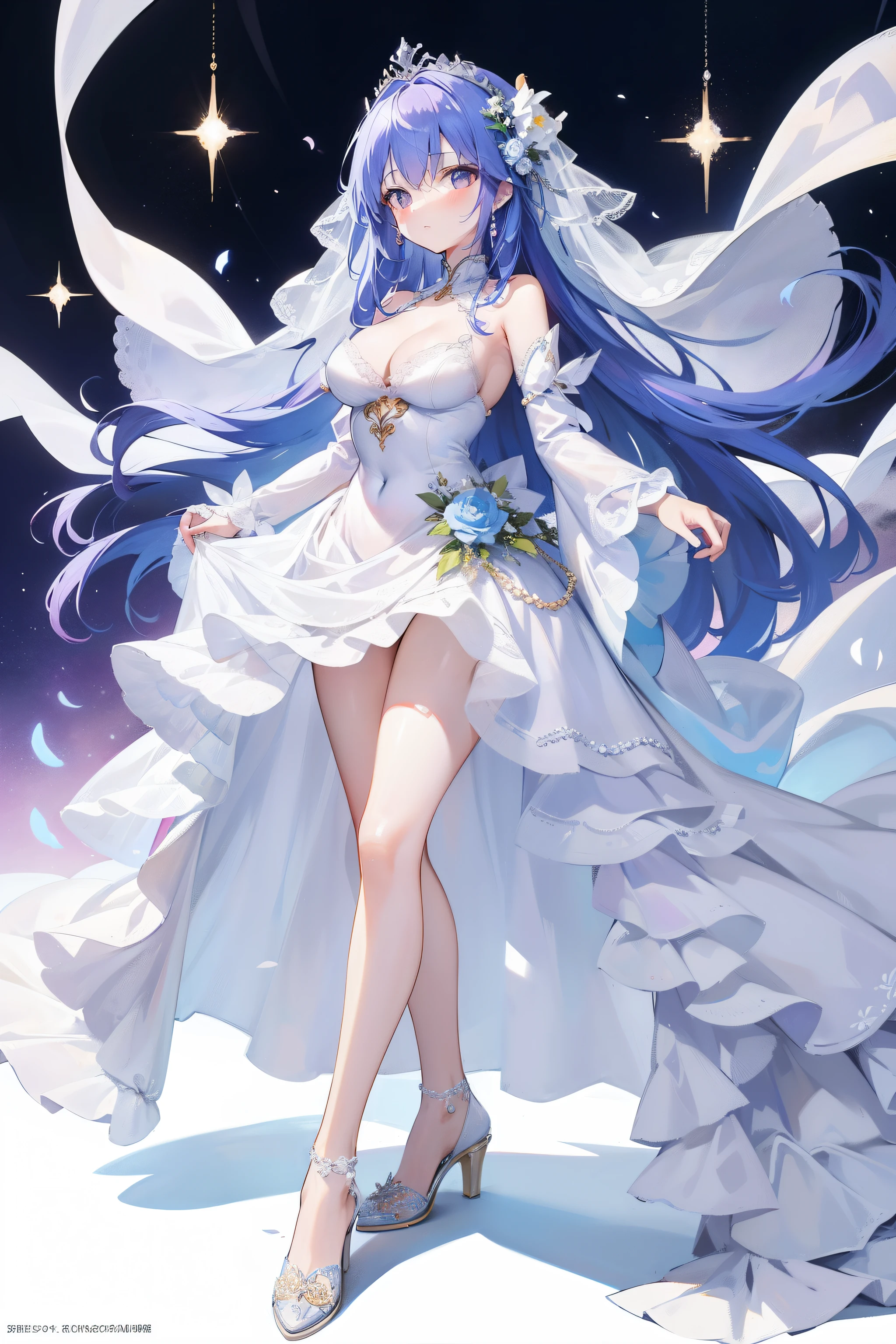 (hoang lap,A high resolution,ultra - detailed),1girll,Plain white background,Full body standing painting,Raised sexy,Princess dress,A princess,Wedding dress,Sasa textures,The cleavage protrudes,pearls,Light blue hair color,Blue-purple hair color,tiara crown,There are flowers in the crown