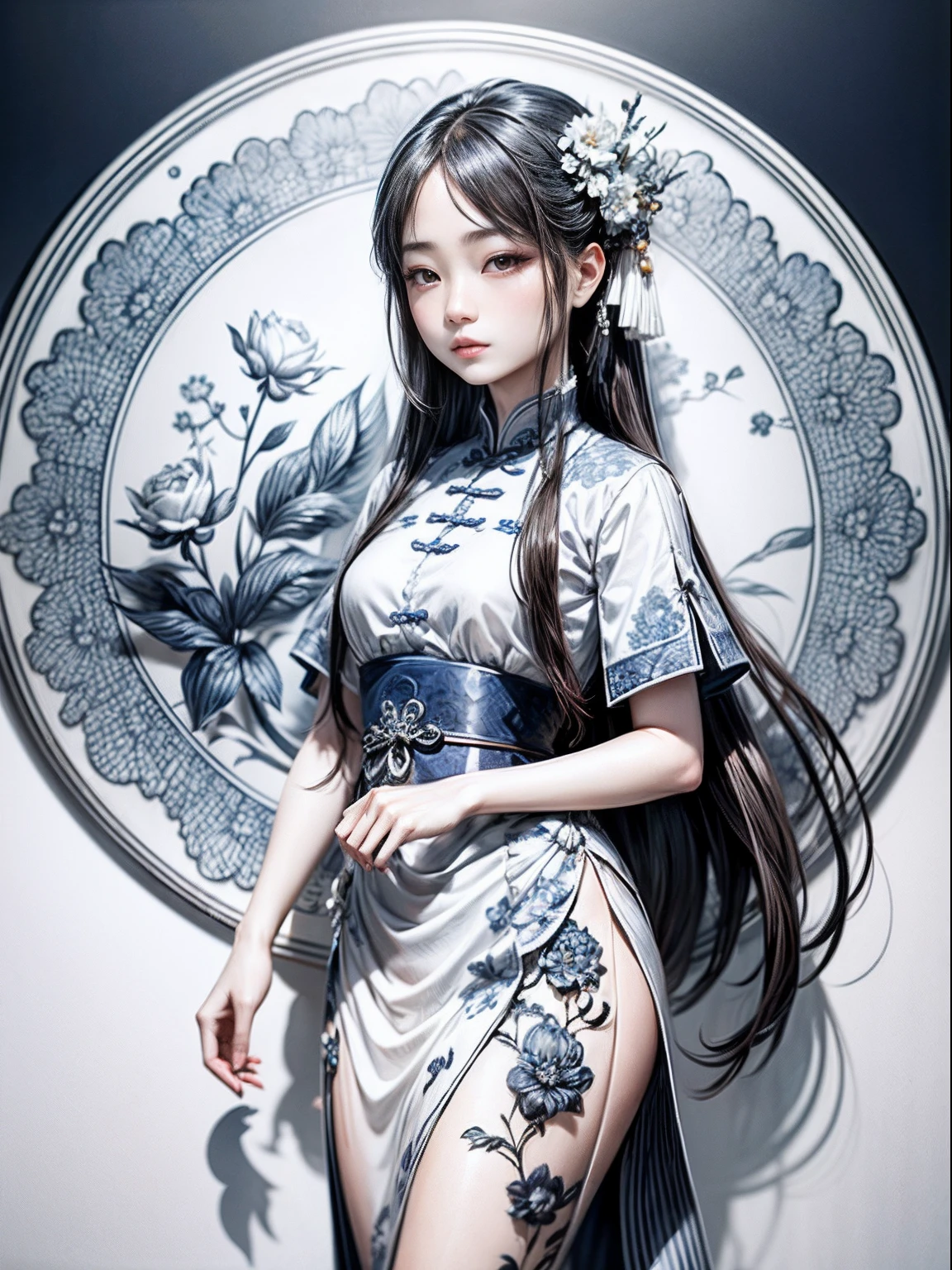 (Blue and white porcelain style:1.6),white backgrounid,1 Chinese girl with long hair,Oriental elements,reasonable design,Clear lines,(Linear,Mono Color)