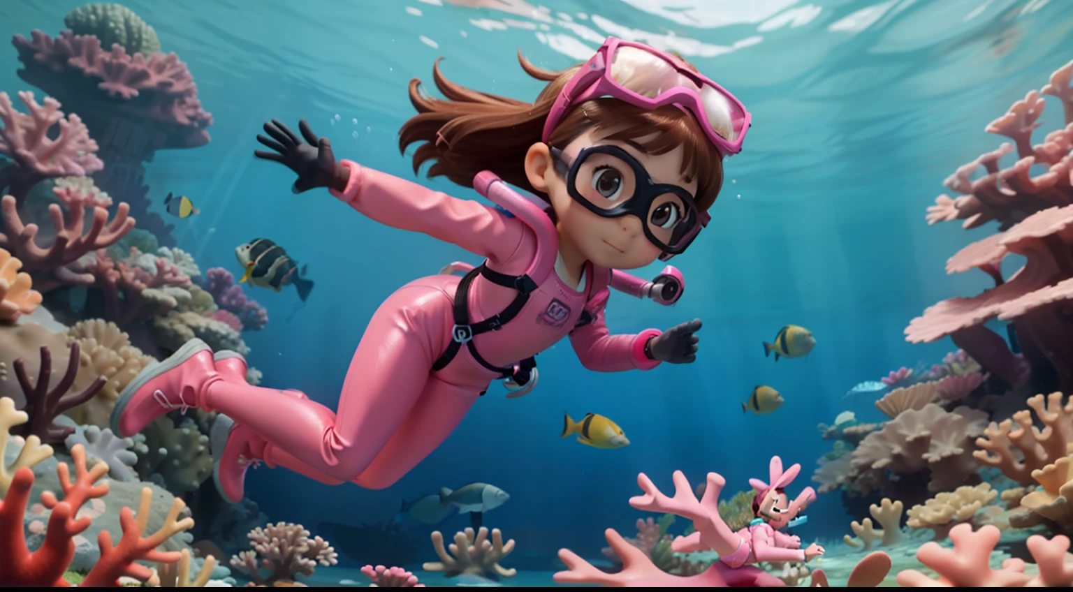 "High quality, masterpiece, a 5-year-old little girl, brown hair, pink diving suit, pink diving pants, pink diving gloves, pink diving shoes, wearing goggles on the face, swimming towards the camera, underwater, ocean floor, coral reef, fish."