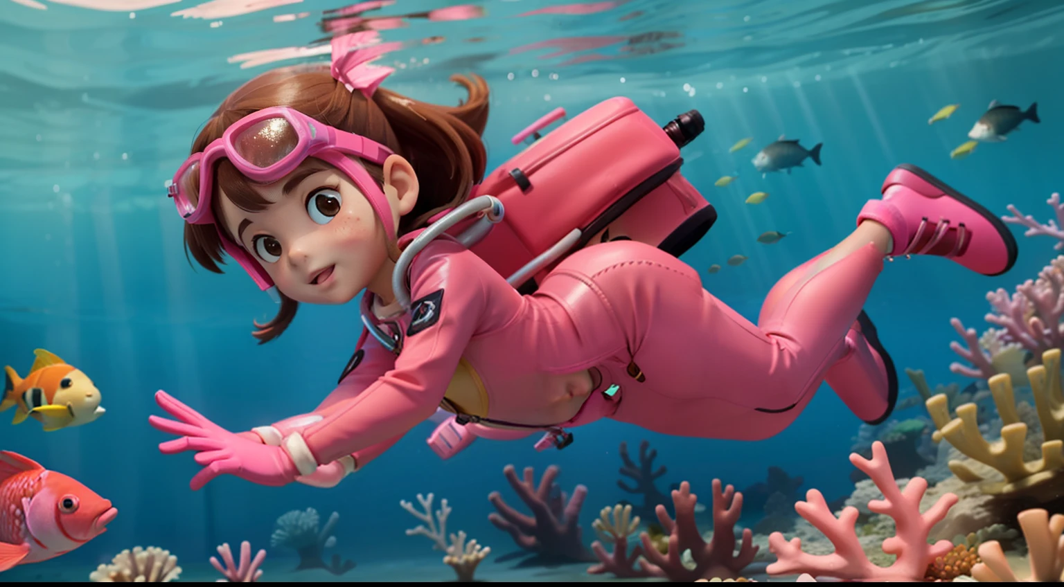 "High quality, masterpiece, a 5--old l, brown hair, pink diving suit, pink diving pants, pink diving gloves, pink diving shoes, wearing goggles on the face, swimming towards the camera, underwater, ocean floor, coral reef, fish."