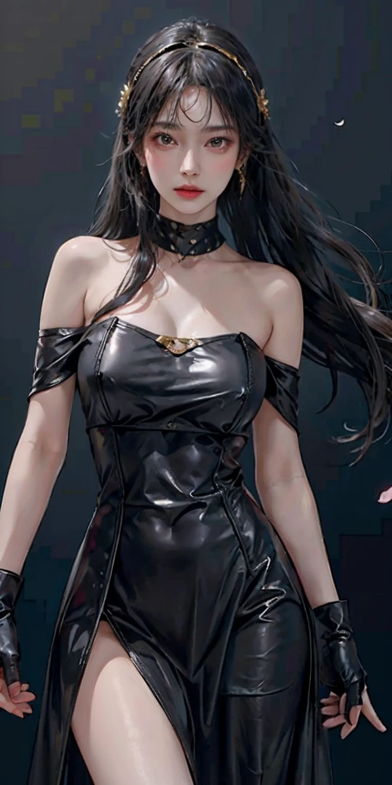 photorealistic, high resolution, soft light,1women, solo, hips up, (detailed face),tattoo, jewelry, bare shoulders, black background, black dress, black gloves, black hair, breasts, closed mouth, cowboy shot, dress, earrings, expressionless, fingerless gloves, floating hair, gloves, gold earrings, gold hairband, hair flower, hair ornament, hairband, jewelry, large breasts, light particles, long hair, looking at viewer, off-shoulder dress, off shoulder, petals, red eyes, short hair with long locks, sidelocks, solo, spikes, thighs, two-sided dress, two-sided fabric