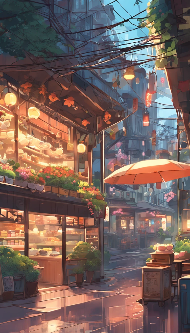 City flower shop, potted plants, flower, rainny night,water reflection puddle,oriental design, hanging lights , digital painting, sunset,wind up,concept art, illustration, intricate, many people, hanging lights, happy, beautiful colorful light, flower, plants ((tileset)) Anime - City street style scene, a woman waiting in front of a store, anime background art, detailed scenery - width 672, anime landscape concept art, anime style cityscape, Studio Ghibli anime style, Studio Ghibli art style, Studio Ghibli program, anime landscape, Studio Ghibli art style, Landscape artwork, Beautiful anime landscape, Forest city street, Ghibli art style, cake shop, cake shop, bakery cake shop, Makoto Shinkai style, Makoto Shinkai anime, Shinkai Makoto art style