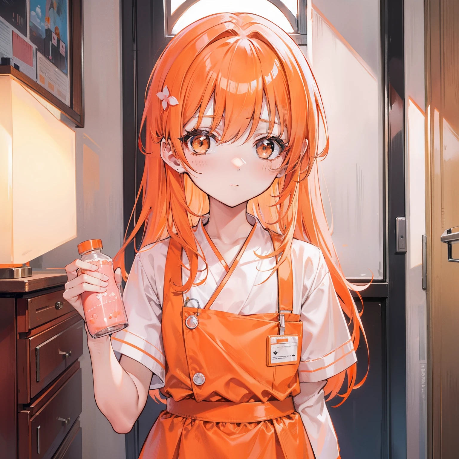 Long light orange hair,Wearing an orange-pink nurse's uniform,Petite and sweet girl