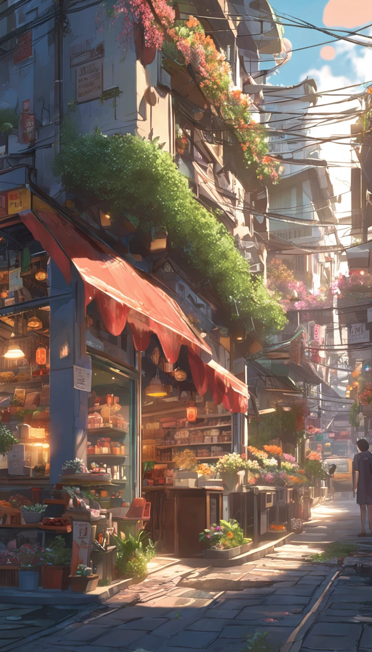 City flower shop, potted plants, flower, rainny night,water reflection puddle,oriental design, hanging lights , digital painting, sunset,wind up,concept art, illustration, intricate, many people, hanging lights, happy, beautiful colorful light, flower, plants ((tileset)) Anime - City street style scene, a woman waiting in front of a store, anime background art, detailed scenery - width 672, anime landscape concept art, anime style cityscape, Studio Ghibli anime style, Studio Ghibli art style, Studio Ghibli program, anime landscape, Studio Ghibli art style, Landscape artwork, Beautiful anime landscape, Forest city street, Ghibli art style, cake shop, cake shop, bakery cake shop, Makoto Shinkai style, Makoto Shinkai anime, Shinkai Makoto art style