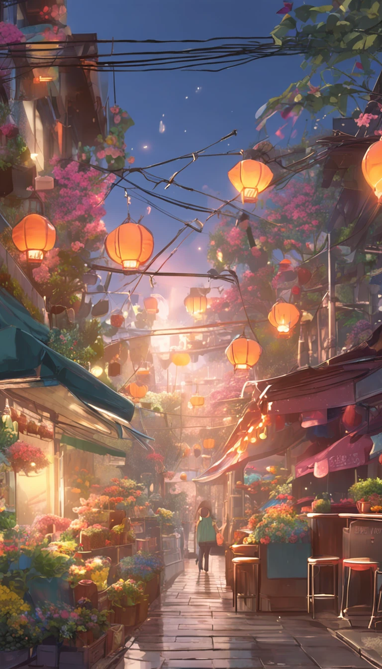 City flower shop, potted plants, flower, rainny night,water reflection puddle,oriental design, hanging lights , digital painting, sunset,wind up,concept art, illustration, intricate, many people, hanging lights, happy, beautiful colorful light, flower, plants ((tileset)) Anime - City street style scene, a woman waiting in front of a store, anime background art, detailed scenery - width 672, anime landscape concept art, anime style cityscape, Studio Ghibli anime style, Studio Ghibli art style, Studio Ghibli program, anime landscape, Studio Ghibli art style, Landscape artwork, Beautiful anime landscape, Forest city street, Ghibli art style, cake shop, cake shop, bakery cake shop, Makoto Shinkai style, Makoto Shinkai anime, Shinkai Makoto art style