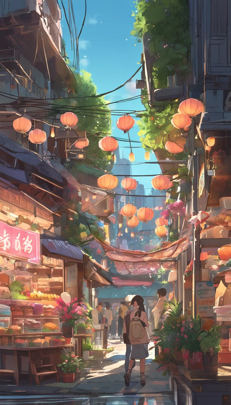 City flower shop, potted plants, flower, rainny night,water reflection puddle,oriental design, hanging lights , digital painting, sunset,wind up,concept art, illustration, intricate, many people, hanging lights, happy, beautiful colorful light, flower, plants ((tileset)) Anime - City street style scene, a woman waiting in front of a store, anime background art, detailed scenery - width 672, anime landscape concept art, anime style cityscape, Studio Ghibli anime style, Studio Ghibli art style, Studio Ghibli program, anime landscape, Studio Ghibli art style, Landscape artwork, Beautiful anime landscape, Forest city street, Ghibli art style, cake shop, cake shop, bakery cake shop, Makoto Shinkai style, Makoto Shinkai anime, Shinkai Makoto art style