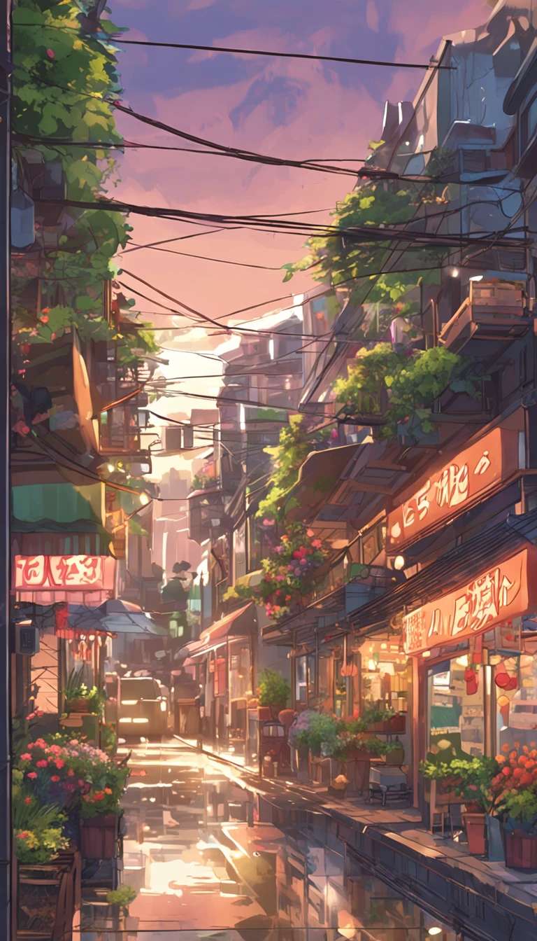 City flower shop, potted plants, flower, rainny night,water reflection puddle,oriental design, hanging lights , digital painting, sunset,wind up,concept art, illustration, intricate, many people, hanging lights, happy, beautiful colorful light, flower, plants ((tileset)) Anime - City street style scene, a woman waiting in front of a store, anime background art, detailed scenery - width 672, anime landscape concept art, anime style cityscape, Studio Ghibli anime style, Studio Ghibli art style, Studio Ghibli program, anime landscape, Studio Ghibli art style, Landscape artwork, Beautiful anime landscape, Forest city street, Ghibli art style, cake shop, cake shop, bakery cake shop, Makoto Shinkai style, Makoto Shinkai anime, Shinkai Makoto art style