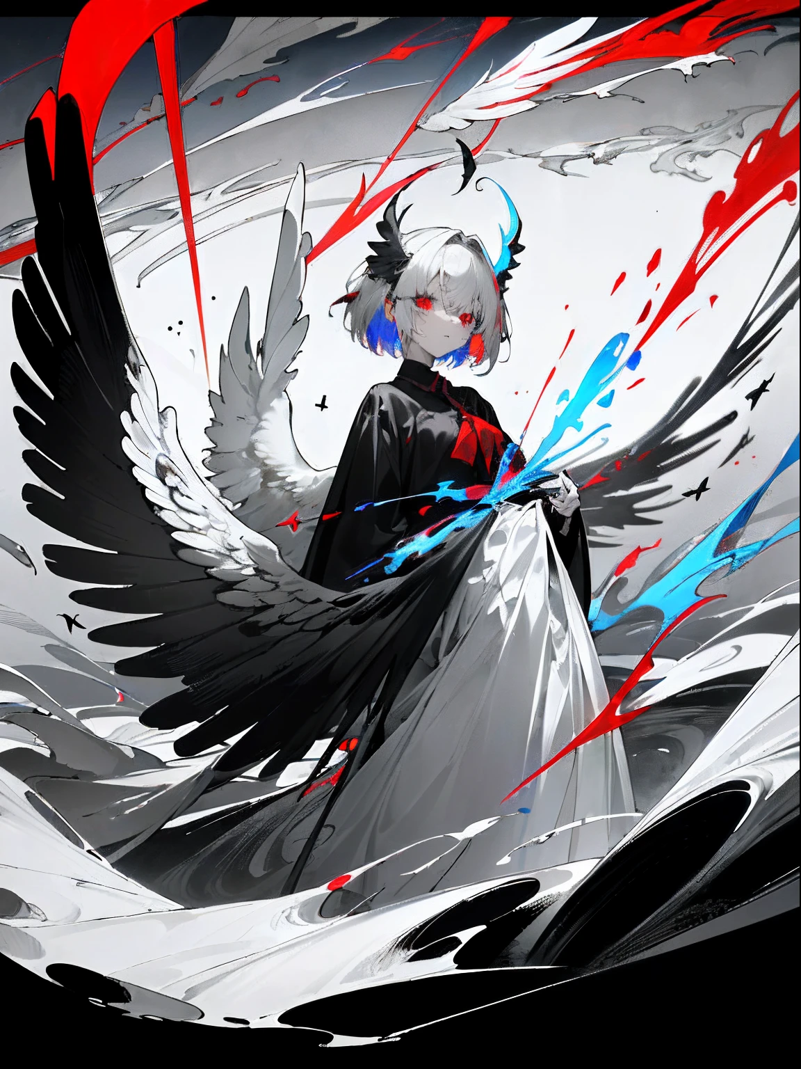 absurderes,((masutepiece)),Solo,beautifull hands,(angel of death(Black and white angel wings+Red and blue heterochromic eye,Innocent,Beautiful,Mystical,Convoluted,Detailed)),She is walking in the Black Sea,Colorful refraction,Surreal,Convoluted,Grey and infinitely wide sky