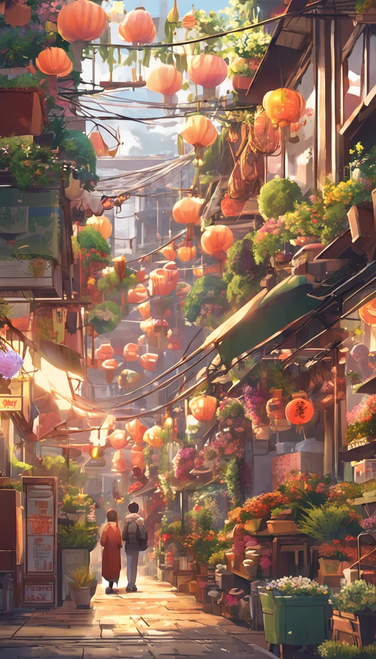 City flower shop, potted plants, flower, rainny night,water reflection puddle,oriental design, hanging lights , digital painting, sunset,wind up,concept art, illustration, intricate, many people, hanging lights, happy, beautiful colorful light, flower, plants ((tileset)) Anime - City street style scene, a woman waiting in front of a store, anime background art, detailed scenery - width 672, anime landscape concept art, anime style cityscape, Studio Ghibli anime style, Studio Ghibli art style, Studio Ghibli program, anime landscape, Studio Ghibli art style, Landscape artwork, Beautiful anime landscape, Forest city street, Ghibli art style, cake shop, cake shop, bakery cake shop, Makoto Shinkai style, Makoto Shinkai anime, Shinkai Makoto art style