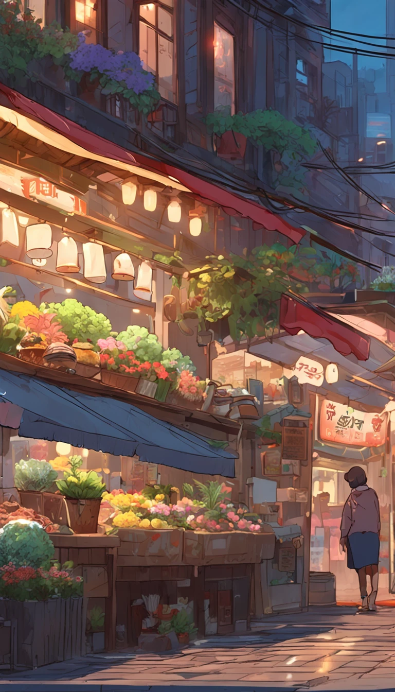 City flower shop, potted plants, flower, rainny night,water reflection puddle,oriental design, hanging lights , digital painting, sunset,wind up,concept art, illustration, intricate, many people, hanging lights, happy, beautiful colorful light, flower, plants ((tileset)) Anime - City street style scene, a woman waiting in front of a store, anime background art, detailed scenery - width 672, anime landscape concept art, anime style cityscape, Studio Ghibli anime style, Studio Ghibli art style, Studio Ghibli program, anime landscape, Studio Ghibli art style, Landscape artwork, Beautiful anime landscape, Forest city street, Ghibli art style, cake shop, cake shop, bakery cake shop, Makoto Shinkai style, Makoto Shinkai anime, Shinkai Makoto art style