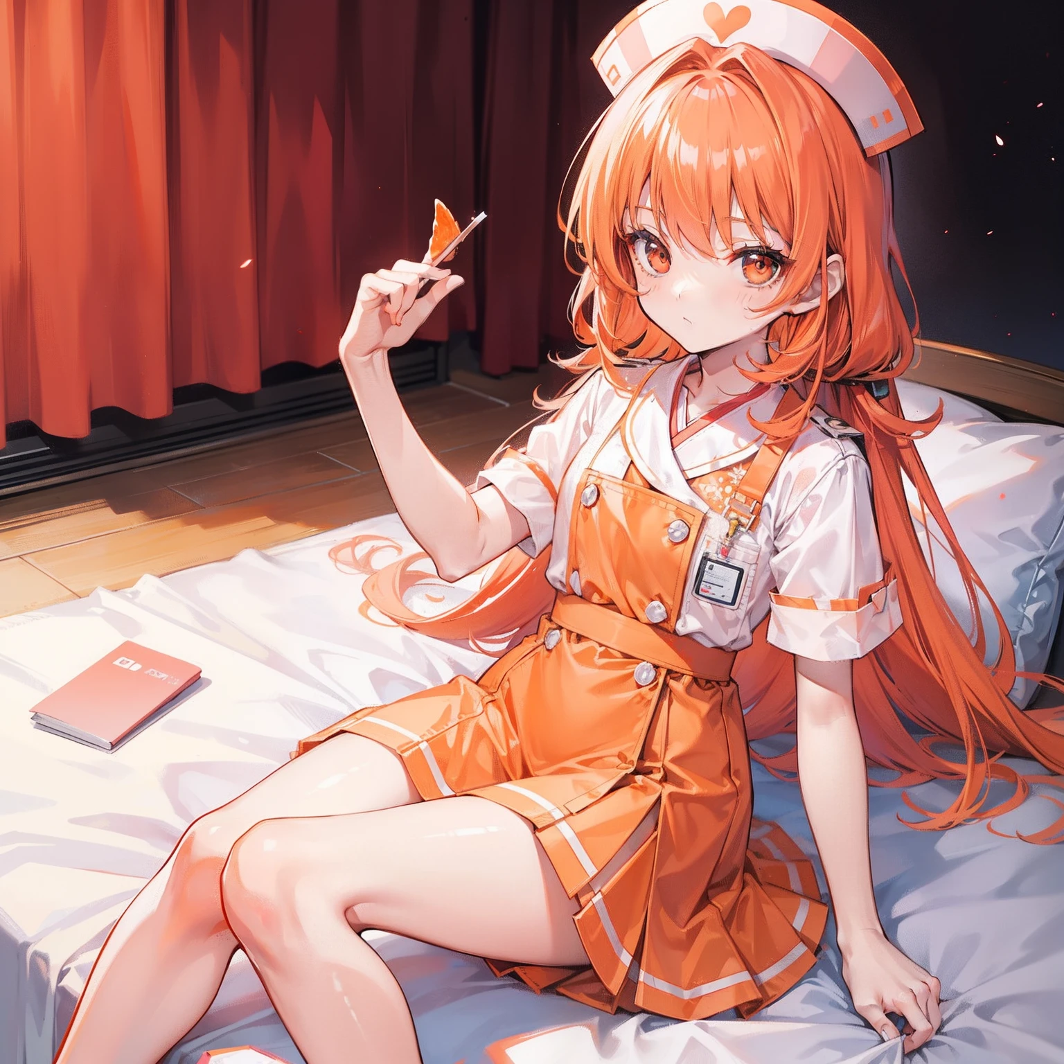 Long light orange hair，Wearing an orange-pink nurse's uniform，Petite and sweet girl