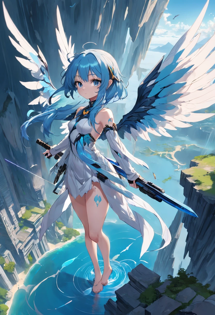 a girl,, 1, blue hair, transparent wings, (holding weapon:1.3), standing at the edge, floating islands, looking down, venusbody,