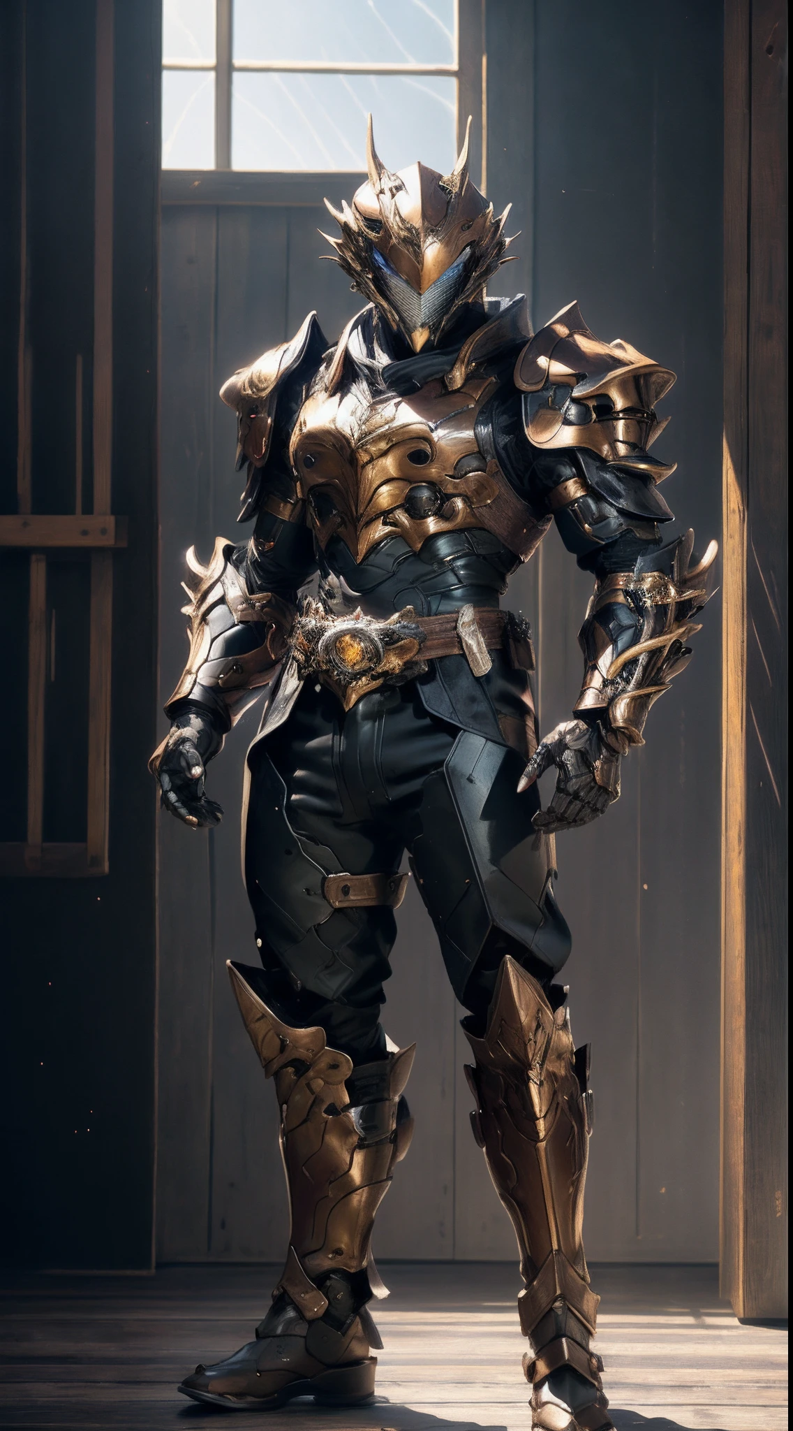 A man wearing a full-face helmet that covers most of his face, adorned in a biomimetic fantasy-style armor, the predominant black color is accented with red textures in the design this character embodies a finely crafted fantasy-style armored warrior design in anime, characterized by a sophisticated and mature manga art style, ((character concept art)), full body character drawing, high definition, best quality, ultra-detailed, extremely delicate, anatomically correct, symmetrical face, extremely detailed eyes and face, high quality eyes, creativity, RAW photo, UHD, 16k, (Natural light, cinematic lighting, masterpiece:1.5)