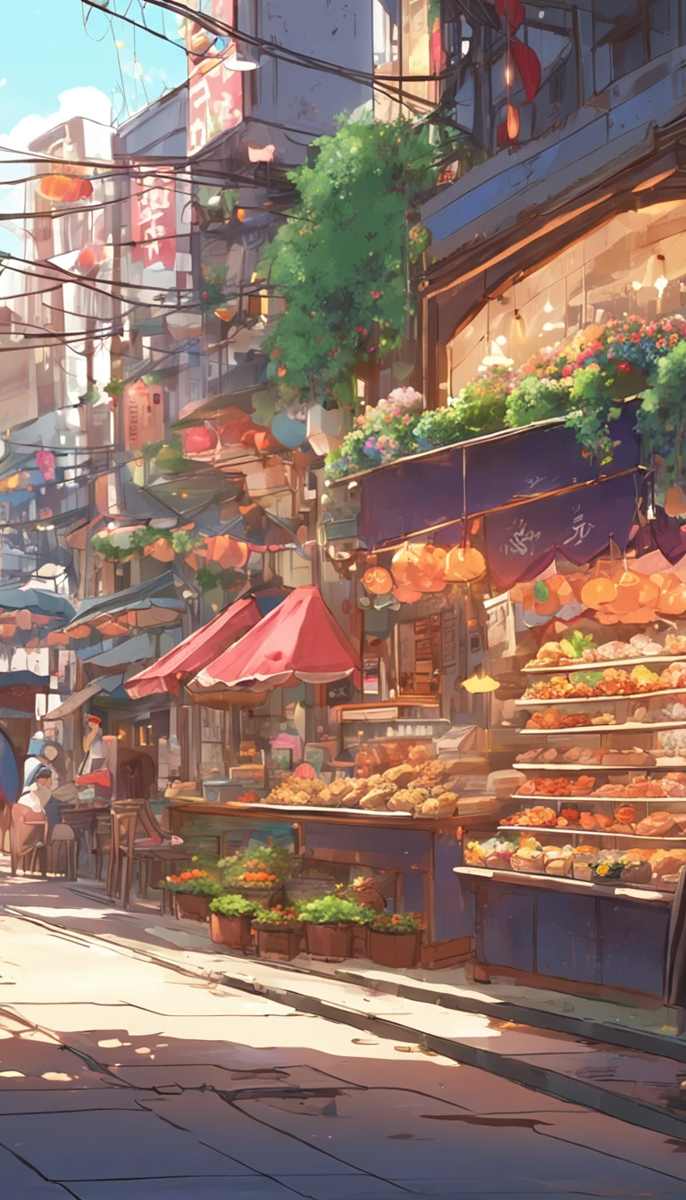 City flower shop, potted plants, flower, rainny night,water reflection puddle,oriental design, hanging lights , digital painting, sunset,wind up,concept art, illustration, intricate, many people, hanging lights, happy, beautiful colorful light, flower, plants ((tileset)) Anime - City street style scene, a woman waiting in front of a store, anime background art, detailed scenery - width 672, anime landscape concept art, anime style cityscape, Studio Ghibli anime style, Studio Ghibli art style, Studio Ghibli program, anime landscape, Studio Ghibli art style, Landscape artwork, Beautiful anime landscape, Forest city street, Ghibli art style, cake shop, cake shop, bakery cake shop, Makoto Shinkai style, Makoto Shinkai anime, Shinkai Makoto art style