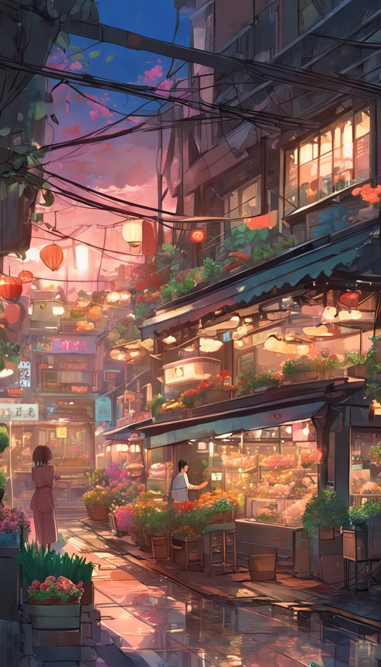 City flower shop, potted plants, flower, rainny night,water reflection puddle,oriental design, hanging lights , digital painting, sunset,wind up,concept art, illustration, intricate, many people, hanging lights, happy, beautiful colorful light, flower, plants ((tileset)) Anime - City street style scene, a woman waiting in front of a store, anime background art, detailed scenery - width 672, anime landscape concept art, anime style cityscape, Studio Ghibli anime style, Studio Ghibli art style, Studio Ghibli program, anime landscape, Studio Ghibli art style, Landscape artwork, Beautiful anime landscape, Forest city street, Ghibli art style, cake shop, cake shop, bakery cake shop, Makoto Shinkai style, Makoto Shinkai anime, Shinkai Makoto art style