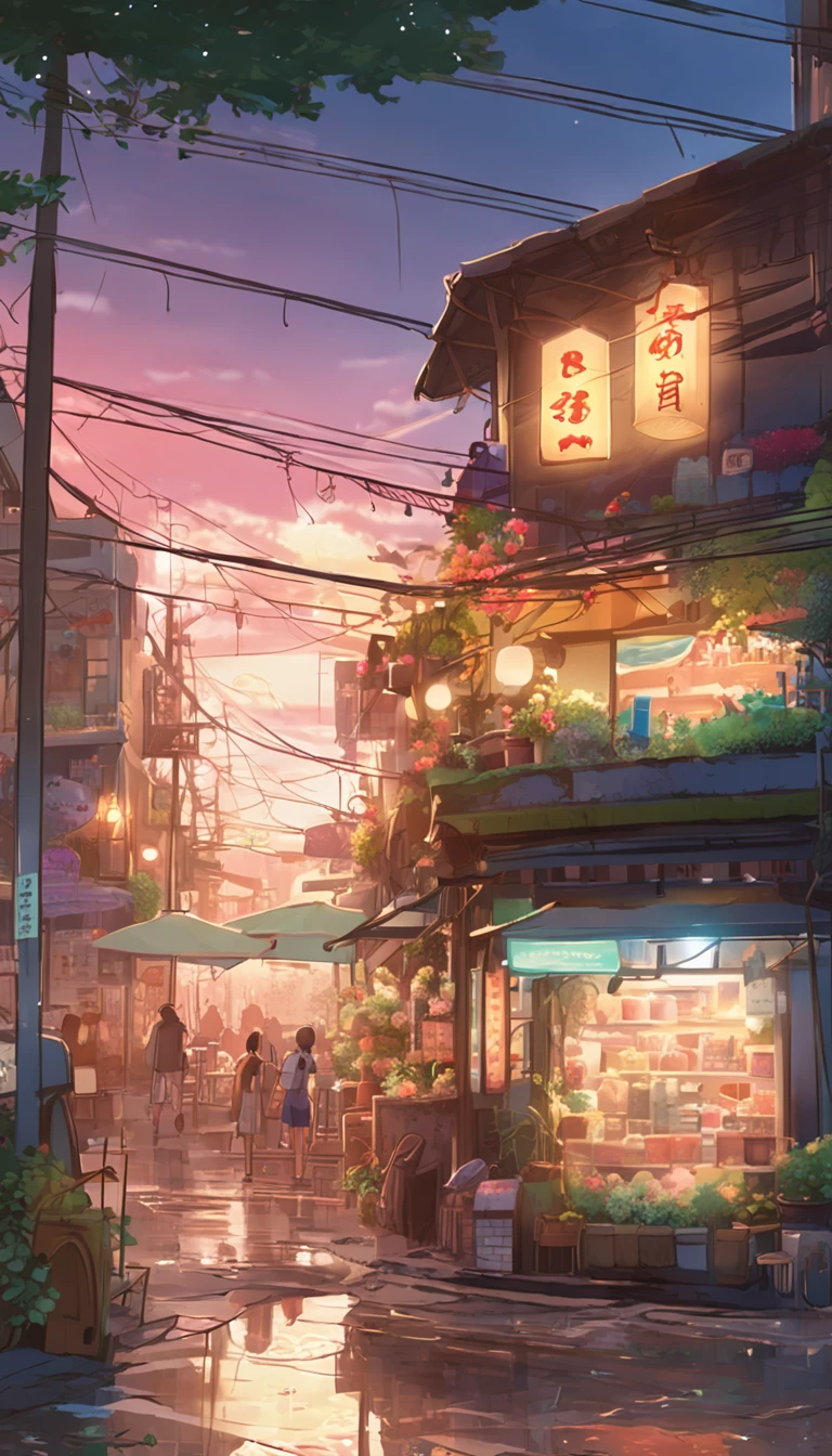 City flower shop, potted plants, flower, rainny night,water reflection puddle,oriental design, hanging lights , digital painting, sunset,wind up,concept art, illustration, intricate, many people, hanging lights, happy, beautiful colorful light, flower, plants ((tileset)) Anime - City street style scene, a woman waiting in front of a store, anime background art, detailed scenery - width 672, anime landscape concept art, anime style cityscape, Studio Ghibli anime style, Studio Ghibli art style, Studio Ghibli program, anime landscape, Studio Ghibli art style, Landscape artwork, Beautiful anime landscape, Forest city street, Ghibli art style, cake shop, cake shop, bakery cake shop, Makoto Shinkai style, Makoto Shinkai anime, Shinkai Makoto art style
