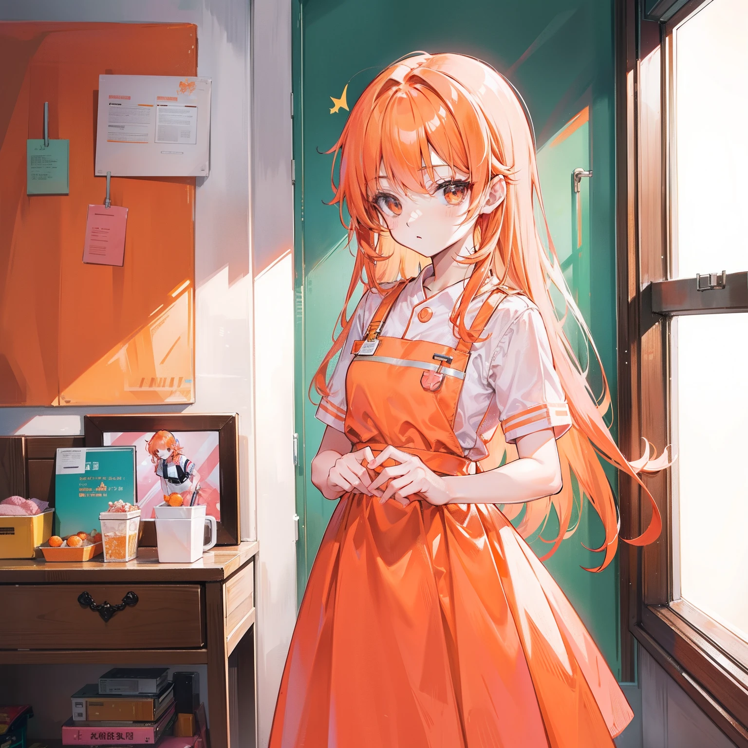 Long light orange hair，Wearing an orange-pink nurse's uniform，Petite and sweet girl