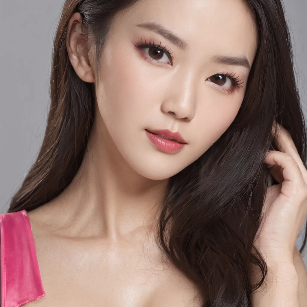 Sexy asian beauty,Wear a pink bra or suspenders,Long flowing black sexy hair,There was a crimson flush on her cheeks,Show off being shy and sexy