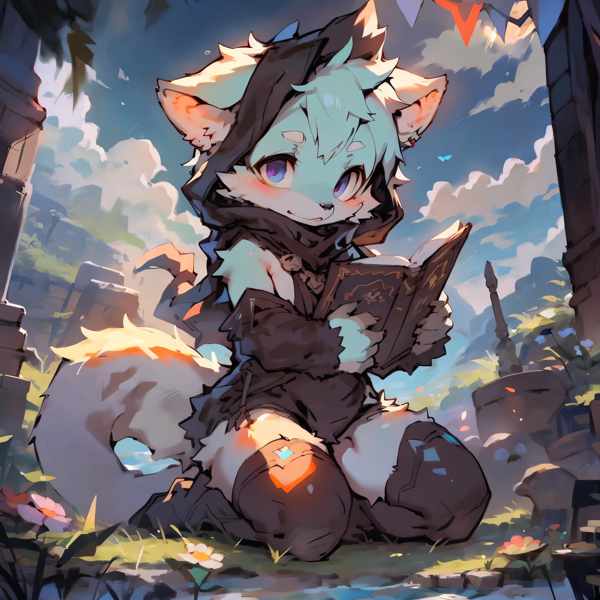 A curious female cat cub kneels alone on a vast prairie.There are no creatures around，She has cyan fur,Cyan skin A thick and long tail, Big hairy ears. Wears a black scarf and hood. Holding a magic book in his hand，wearing black shorts，Black stockings，Black booties，Purple and bright eyes with orange glow and gradient，sun shining through clouds. Small birds fly nearby，With a smile on his face， Break the full body diagram,anthro,Furry,feral,(Digital media \(artwork of a\):1.2),(hi，It's nothing,absurd res:1.2),Perfect ???????,Anatomically correct,Detailed,Detailed face,Detailed eyes,(Realistic fur,Detailed fur:1.25),Detailed background,amazing background. Break (author：Puinki \(artist\):1.2),(author：Xia Huaiting:0.8),(author：Rikose:0.5),(author：Ro:0.9),(by Pino Daeni:0.8),(author：Sios Shiru:0.8),(by Chunie:0.8).