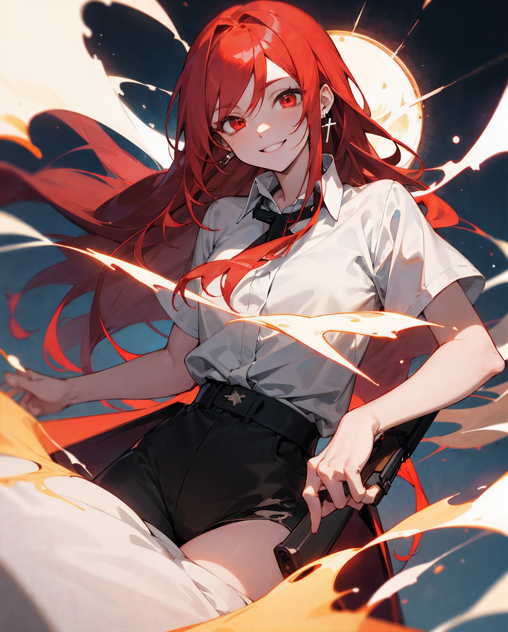 girl ainme, long red hair like a blazing fire, shining red eyes, white skin, cold face, wearing a white shirt, she is smiling, her bright smile is a bit crazy, the night seems to cover her  her, her hand holding a gun as if enjoying a wonderful work, wearing a pair of black cross earrings, manga anime