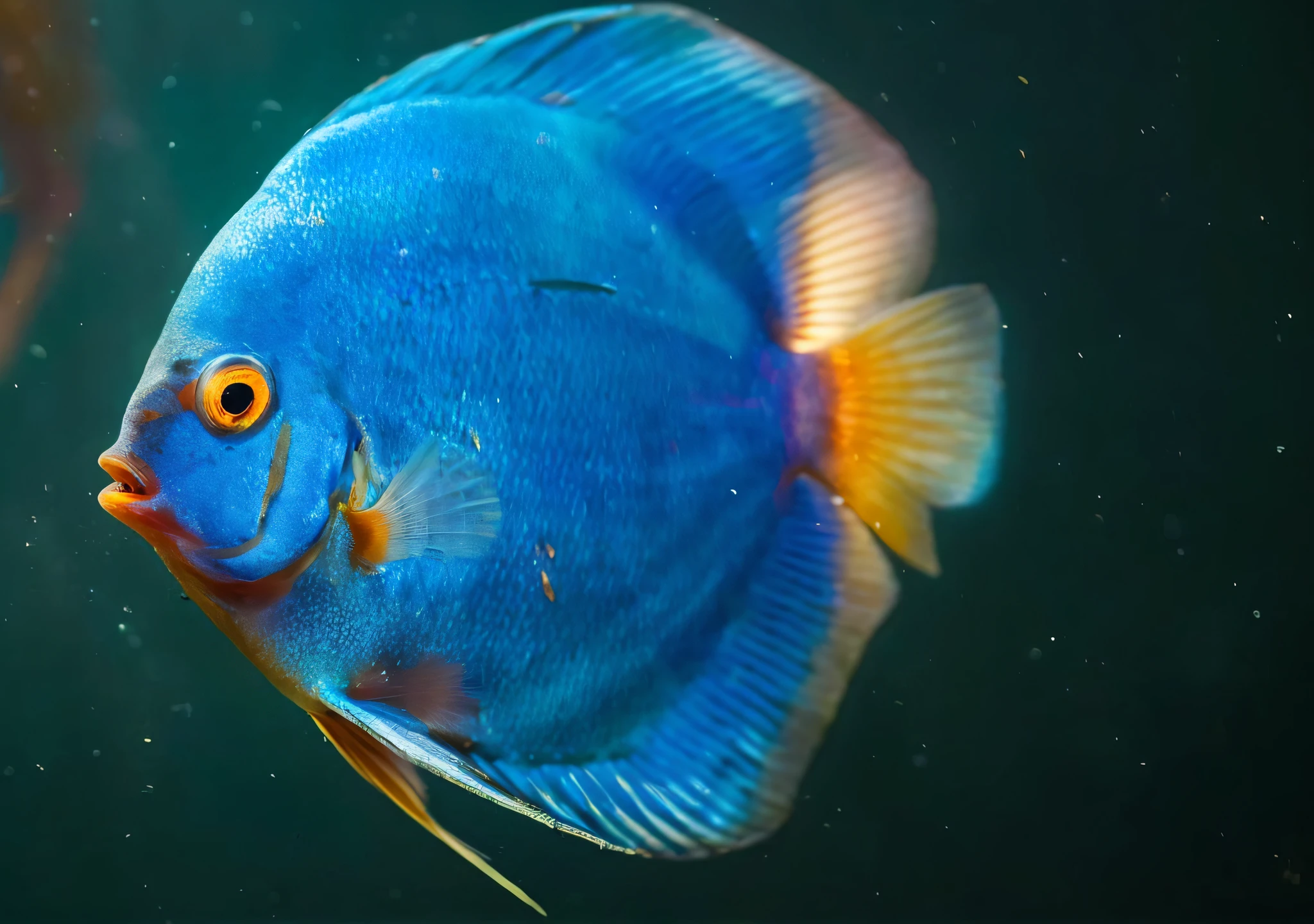 There is a yellow striped blue fish swimming in the water,